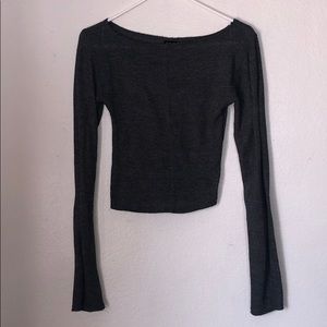 Gray knitted long sleeve off the shoulder top.